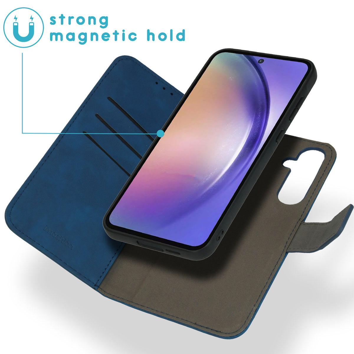 Étui de téléphone bleu avec téléphone à l'intérieur, ouvert pour révéler des fentes pour cartes. Support magnétique, fond bleu.