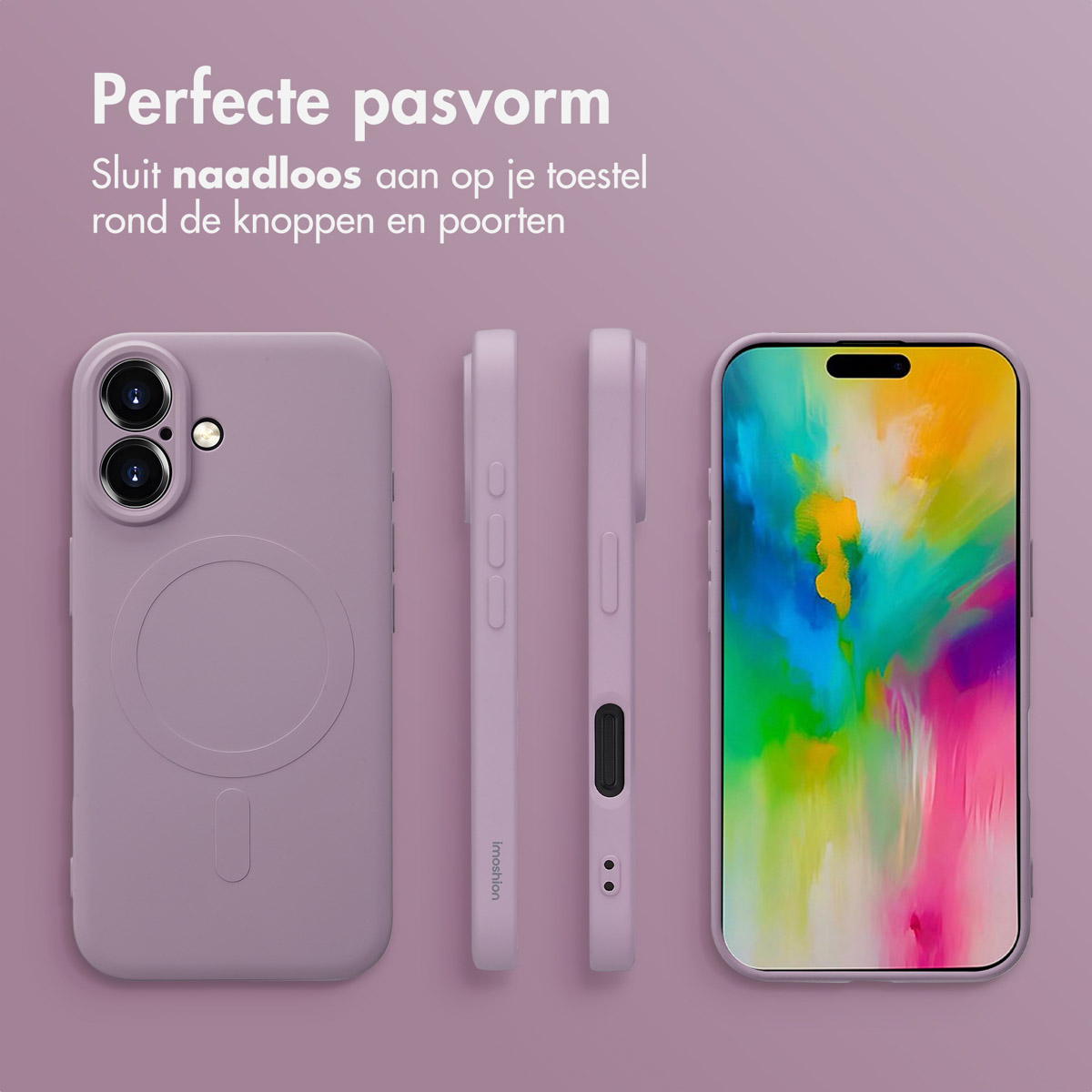 Trois coques de téléphone sous différents angles, toutes violettes. L'une est sur un téléphone.