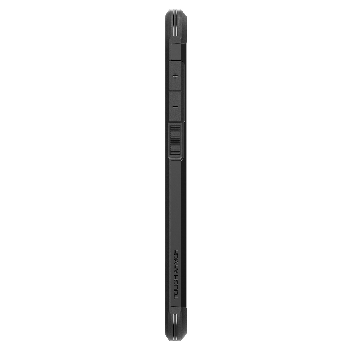 Zijaanzicht van een zwarte telefoonhoes met getextureerde grip en knoppen, die het slanke profiel laat zien.