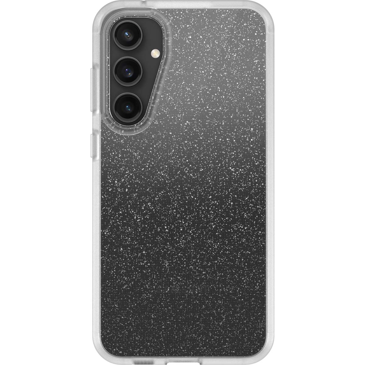 Una custodia per telefono con un design glitterato e sfumato dal nero al bianco. Ha una cornice trasparente.