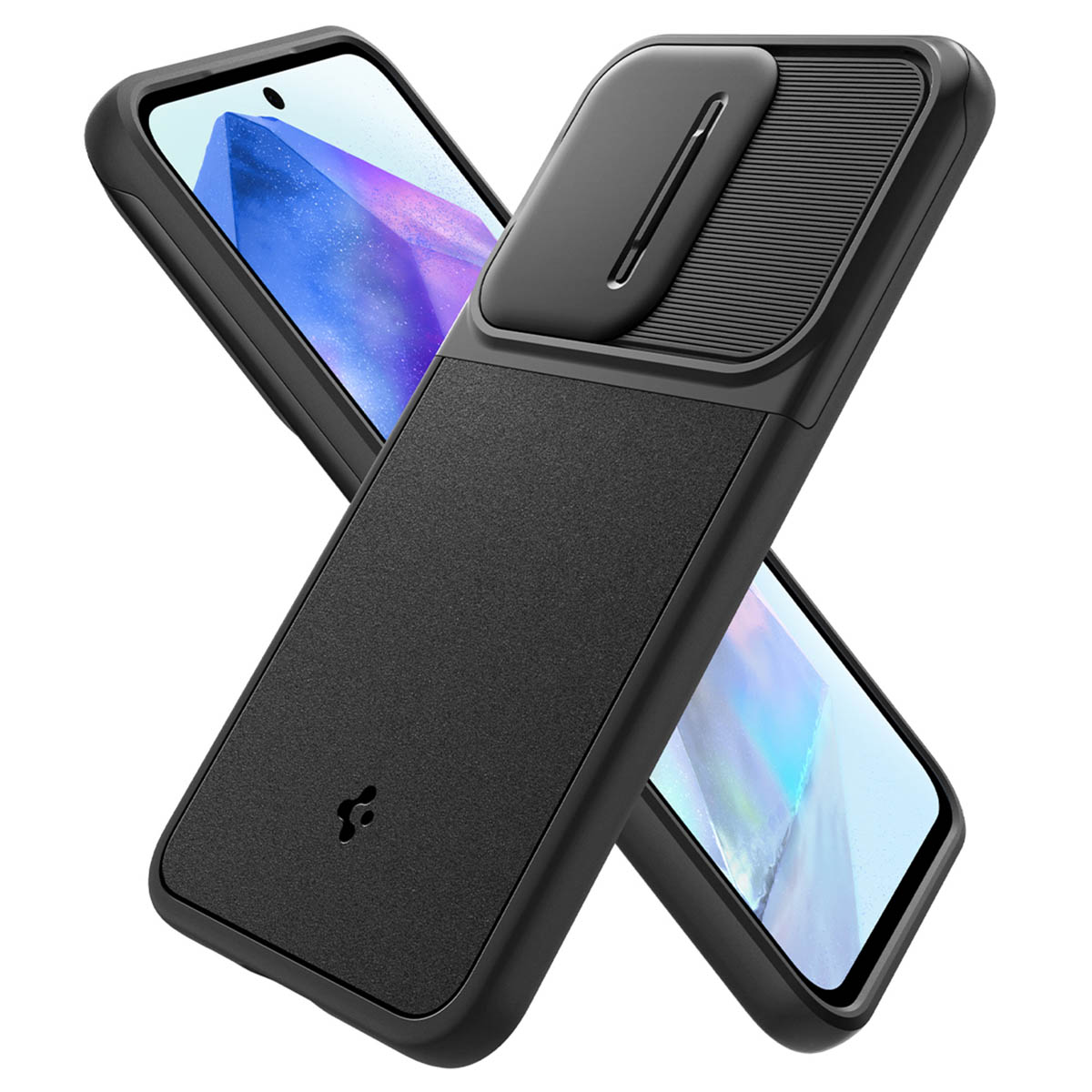 Custodia nera con copertura scorrevole per la fotocamera. Due telefoni sovrapposti, schermo rivolto verso l'alto. Sfondo nero.