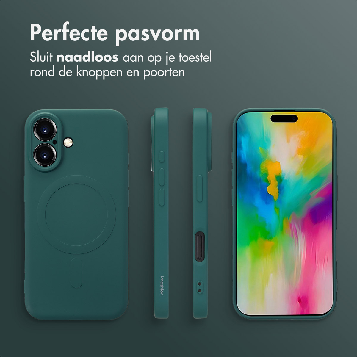 Trois coques de téléphone sous différents angles, toutes vert foncé. L'une est sur un téléphone.