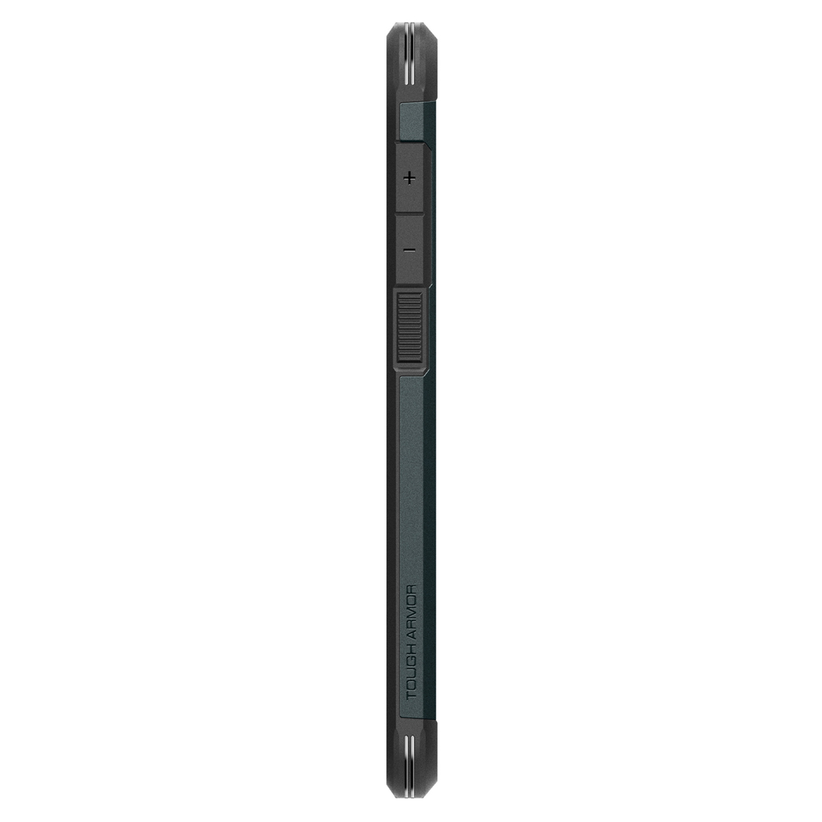 Vue latérale d'une coque de téléphone gris foncé avec boutons de volume et d'alimentation visibles.