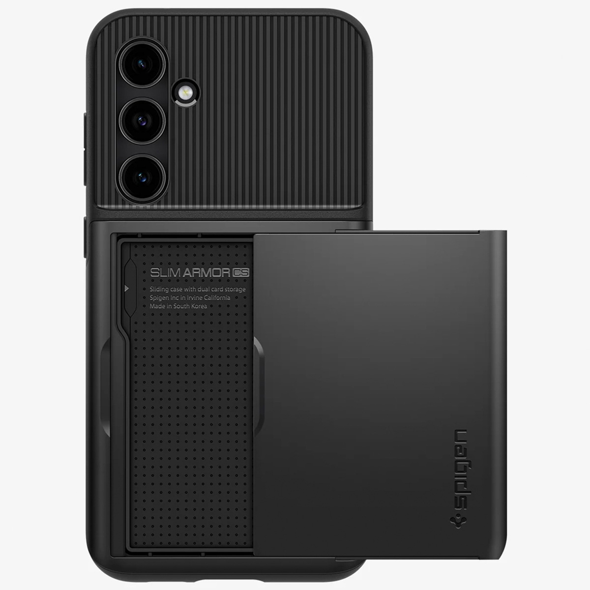 Una custodia per telefono nera con un porta carte aperto, che rivela le carte.
