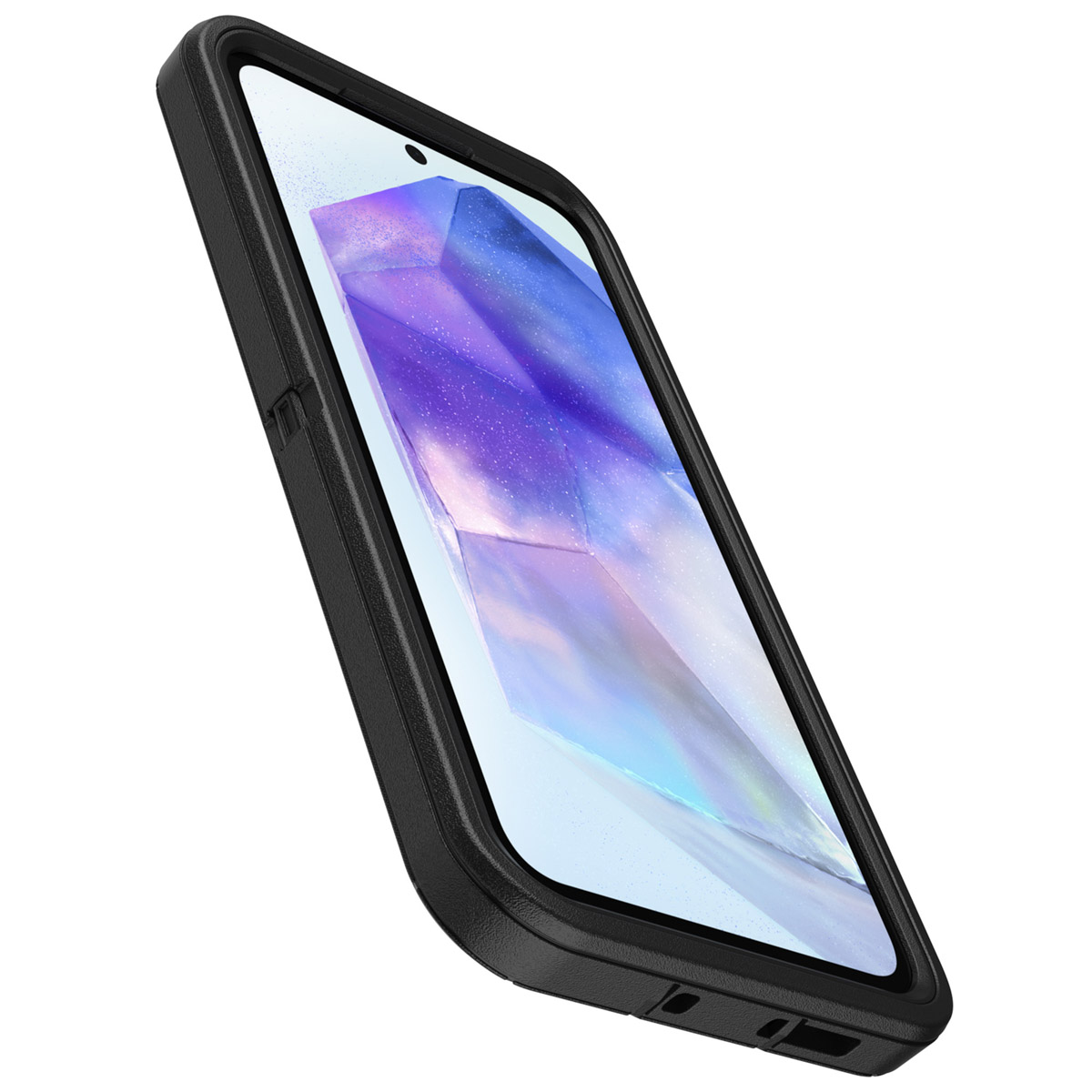 Zwarte telefoon in een zwarte hoes, schuin, toont een scherm met een paarse achtergrond.