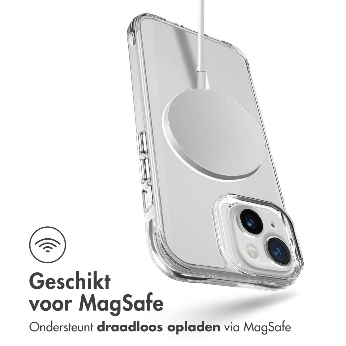 Coque de téléphone transparente avec icône de chargement sans fil, téléphone en vue.