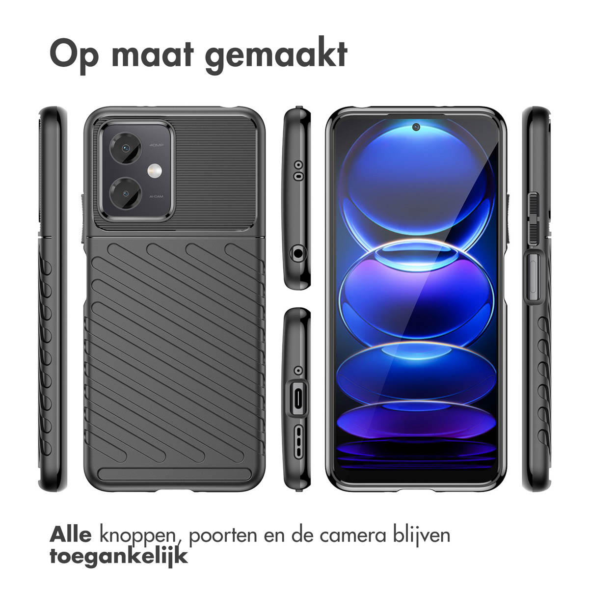 Coque de téléphone noire avec différentes vues, montrant les boutons et la caméra.