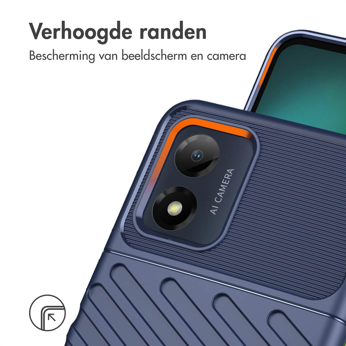 Telefoonhoes met blauwe en oranje accenten rond de camera. Donkerblauwe achtergrond.