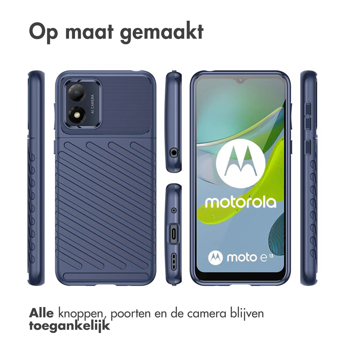 Blauwe telefoonhoes met meerdere aanzichten die een telefoon binnenin tonen, alles toegankelijk.