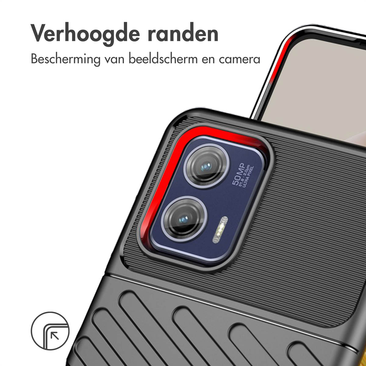 Close-up van een telefoonhoes met verhoogde randen, beschermt scherm en camera, zwart-rood ontwerp.