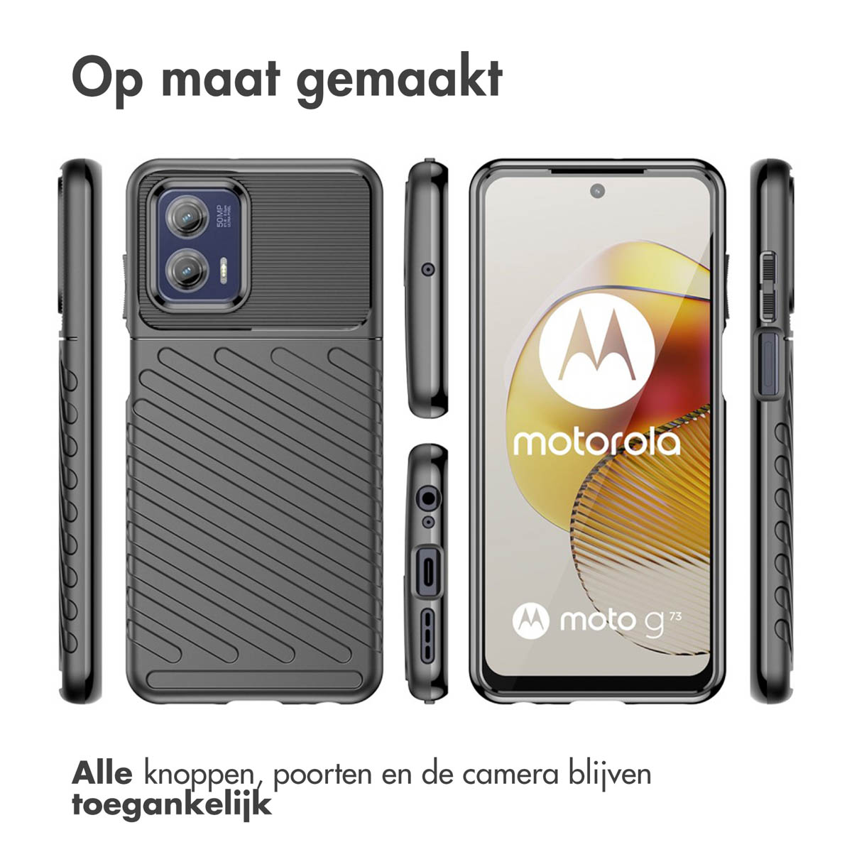 Een telefoon met een donkergrijze hoes wordt vanuit meerdere hoeken gepresenteerd, waaruit blijkt dat alle knoppen, poorten en de camera toegankelijk zijn.
