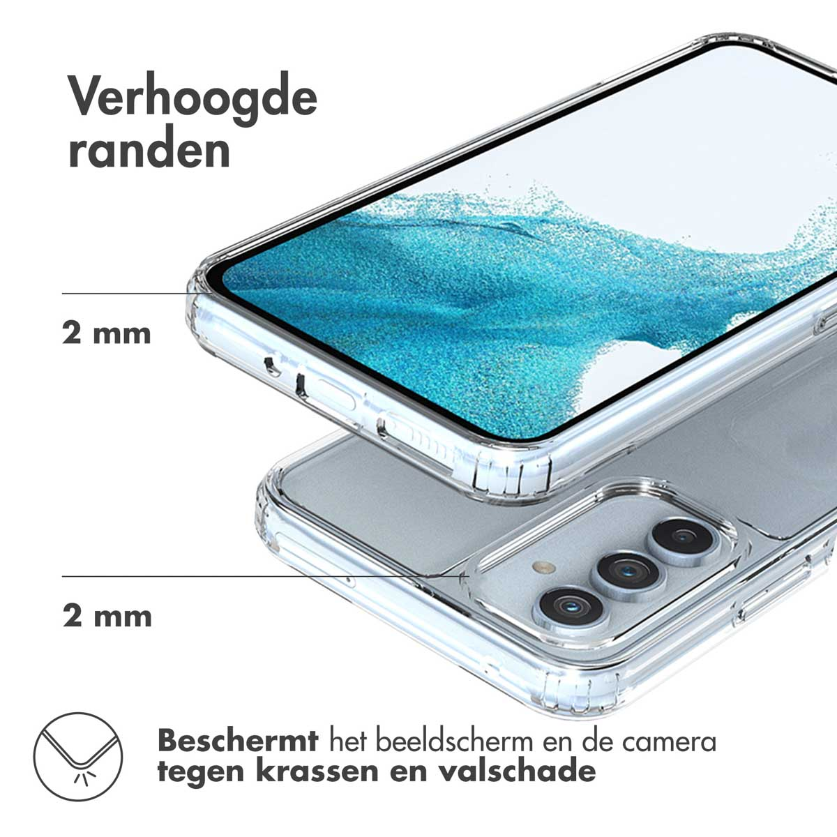 Transparante telefoonhoes, met een telefoon erin, de rand tonend. Tekst: Verhoogde randen, 2mm.