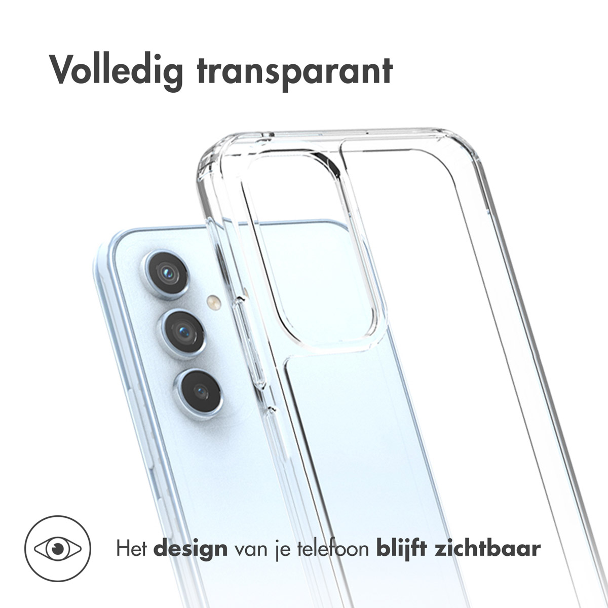 Transparante telefoonhoes over een telefoon. De hoes is transparant. Tekst: 'Volledig transparant'.