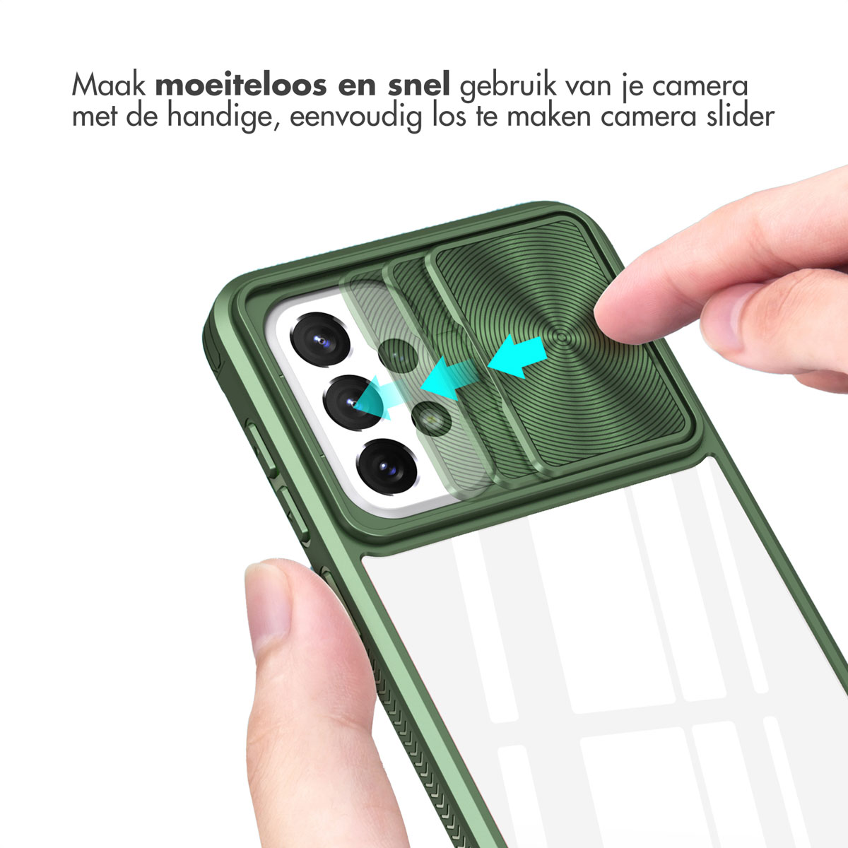 Coque de téléphone verte avec curseur de caméra. La main fait glisser le curseur pour couvrir la caméra. Fond blanc.