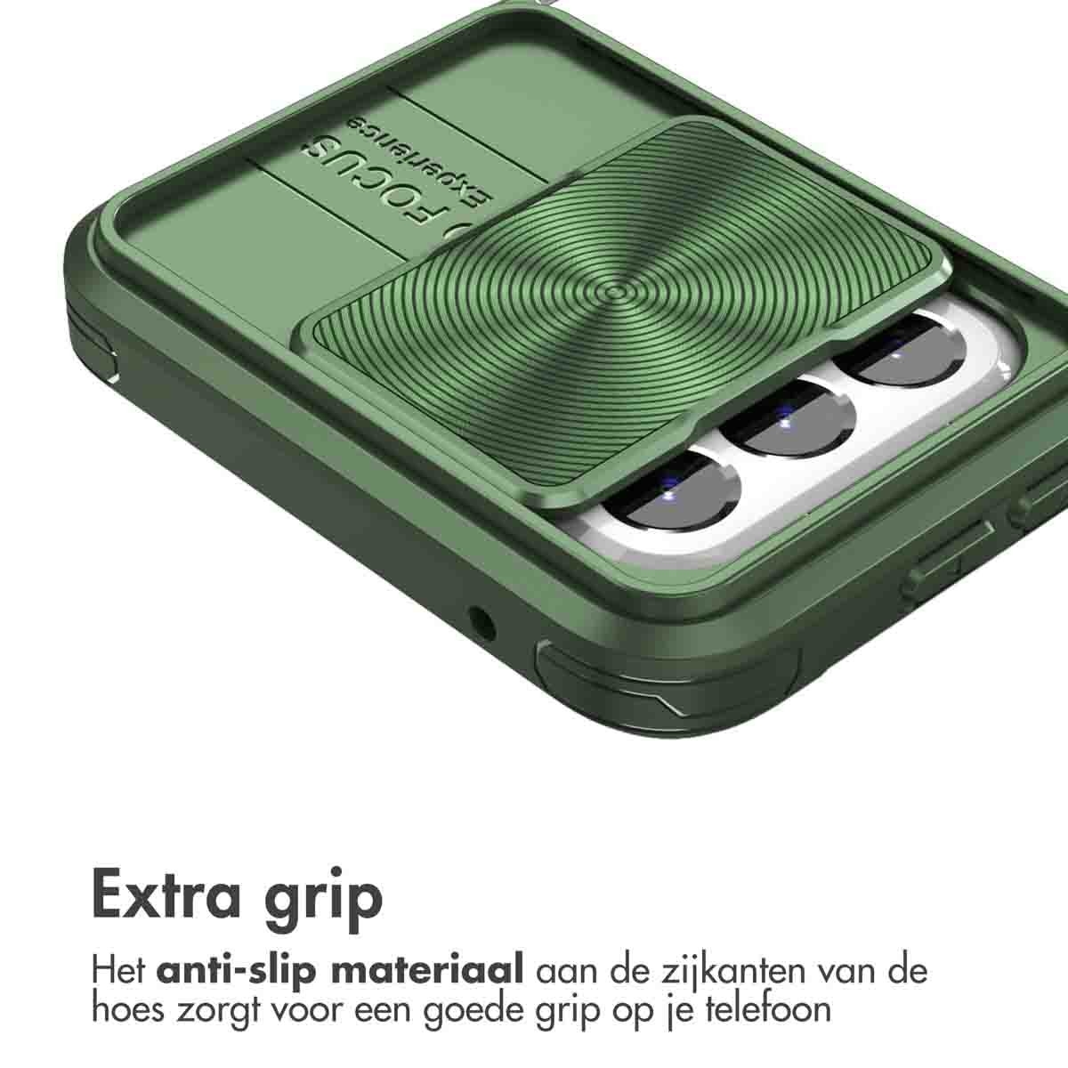 Coque de téléphone verte avec curseur. Le texte dit 'FOCUS experience'.