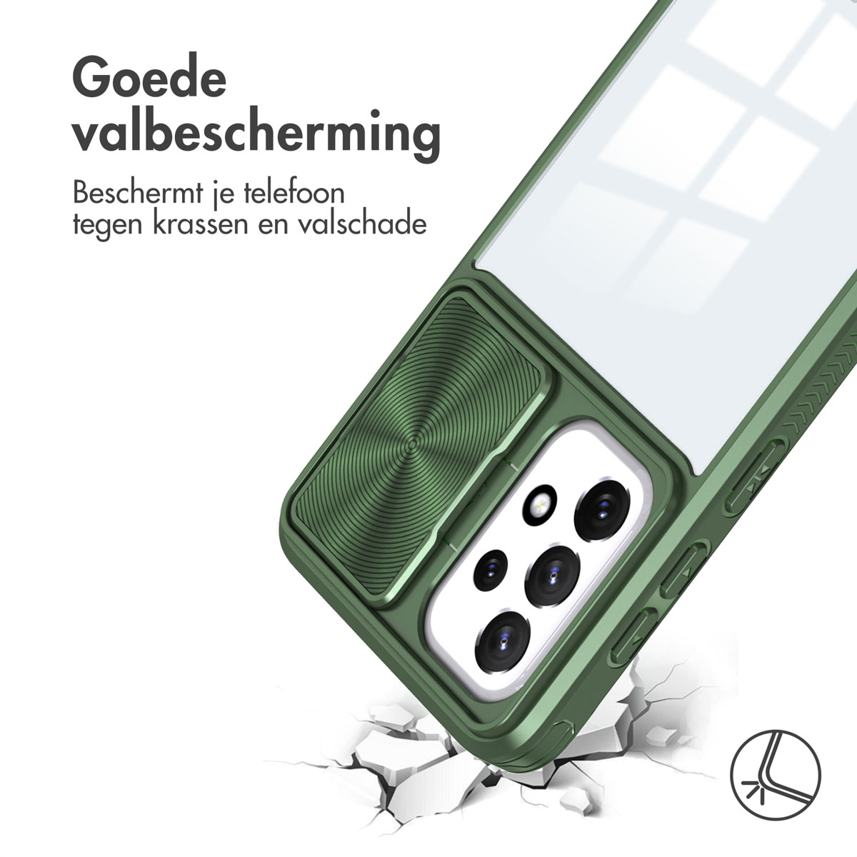 Coque de téléphone verte avec dos transparent, montrant un téléphone. Texte en néerlandais.