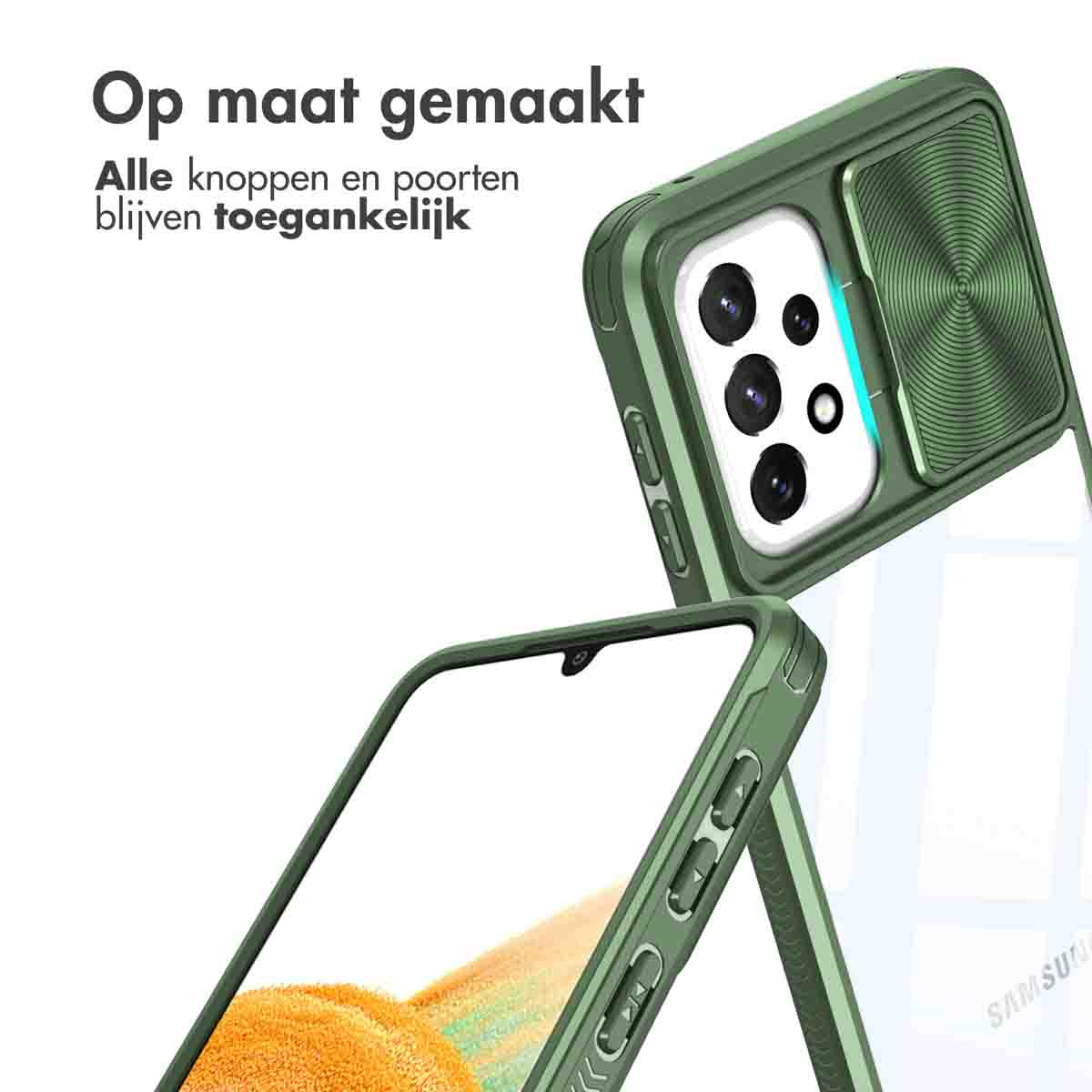 Un étui de téléphone vert avec un cache-caméra coulissant, montrant un téléphone.