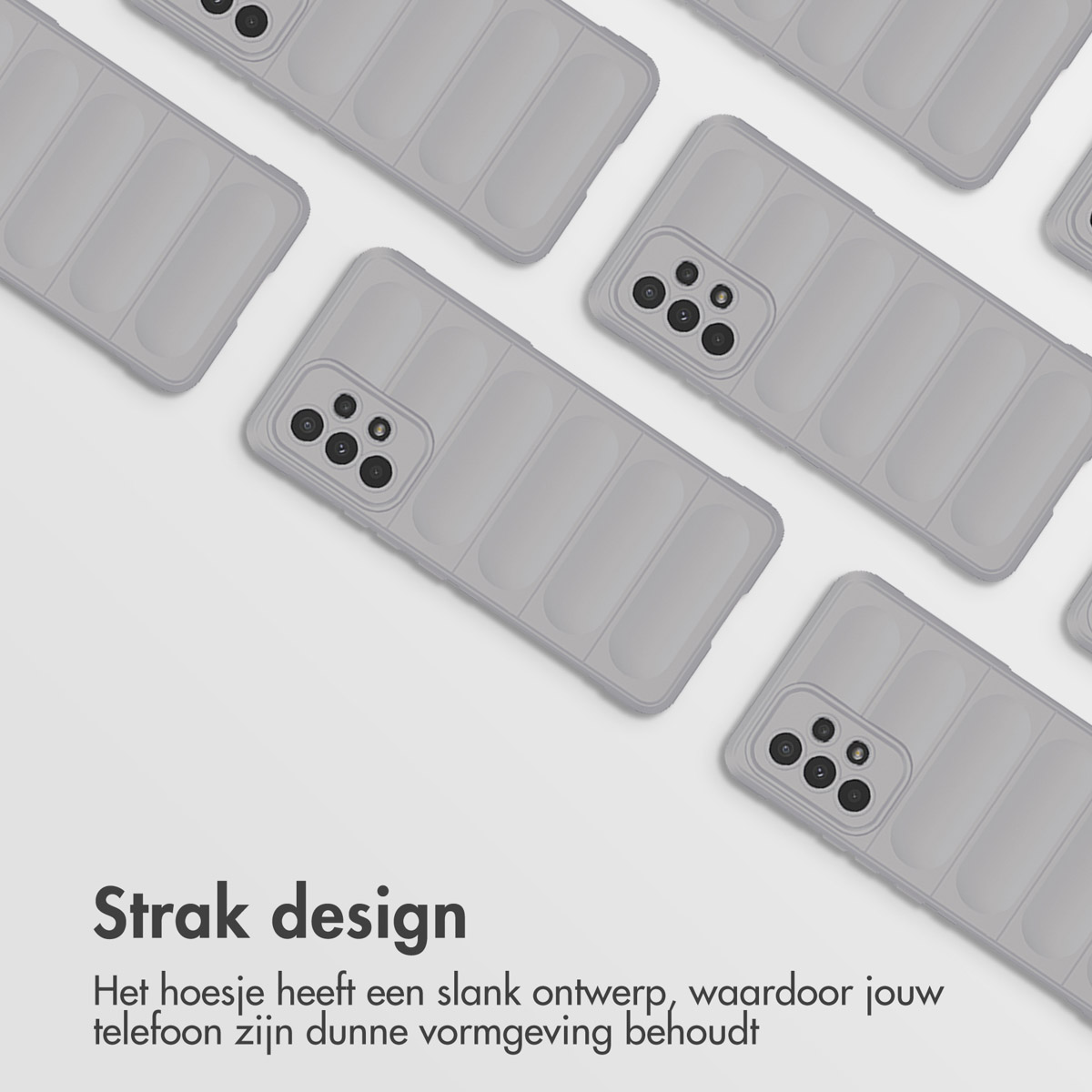 Plusieurs coques de téléphone grises. Chaque coque a un design unique avec des lignes verticales. Design fin.