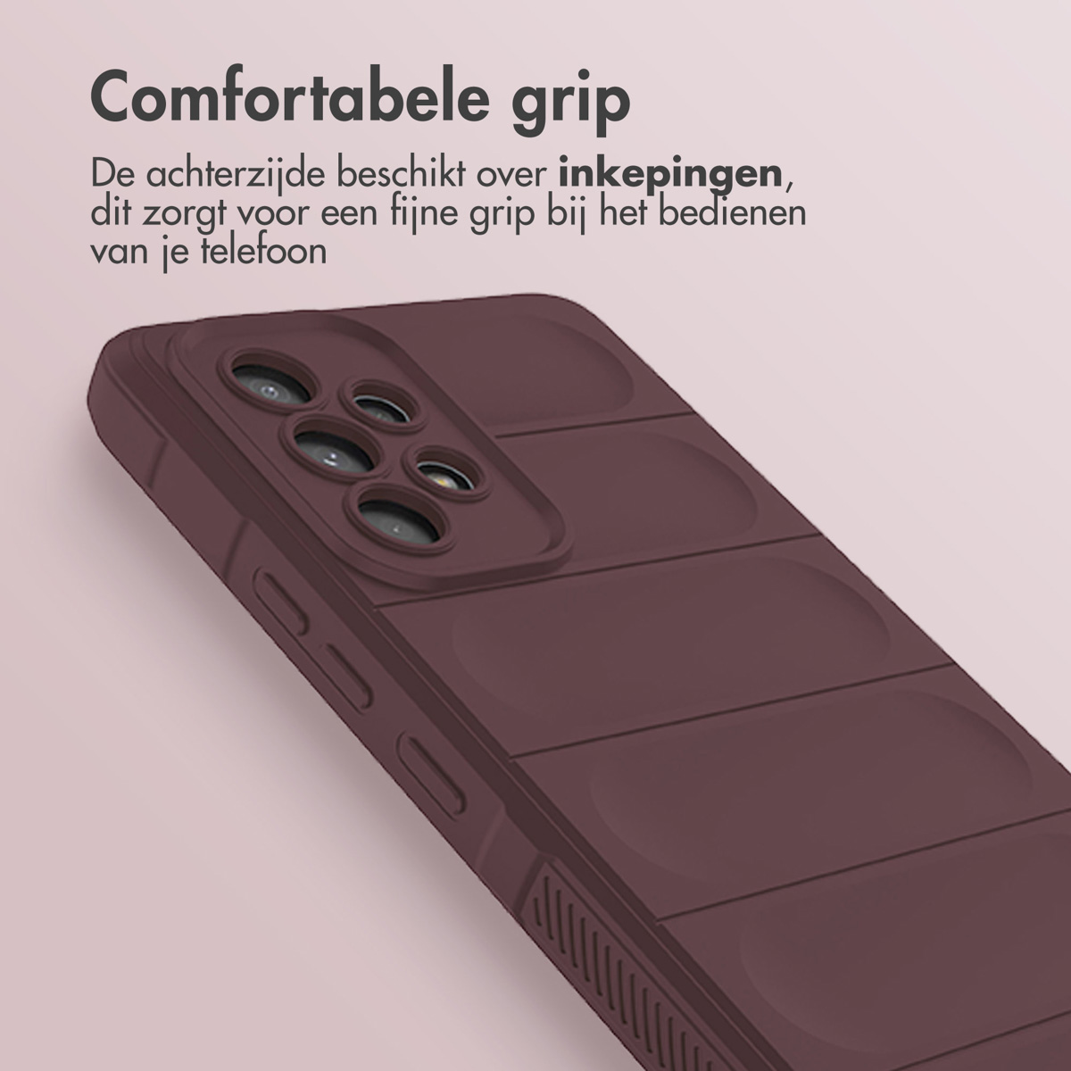 Gros plan d'une coque de téléphone. Texte : Prise en main confortable. Le dos a des rainures pour une prise en main fine.
