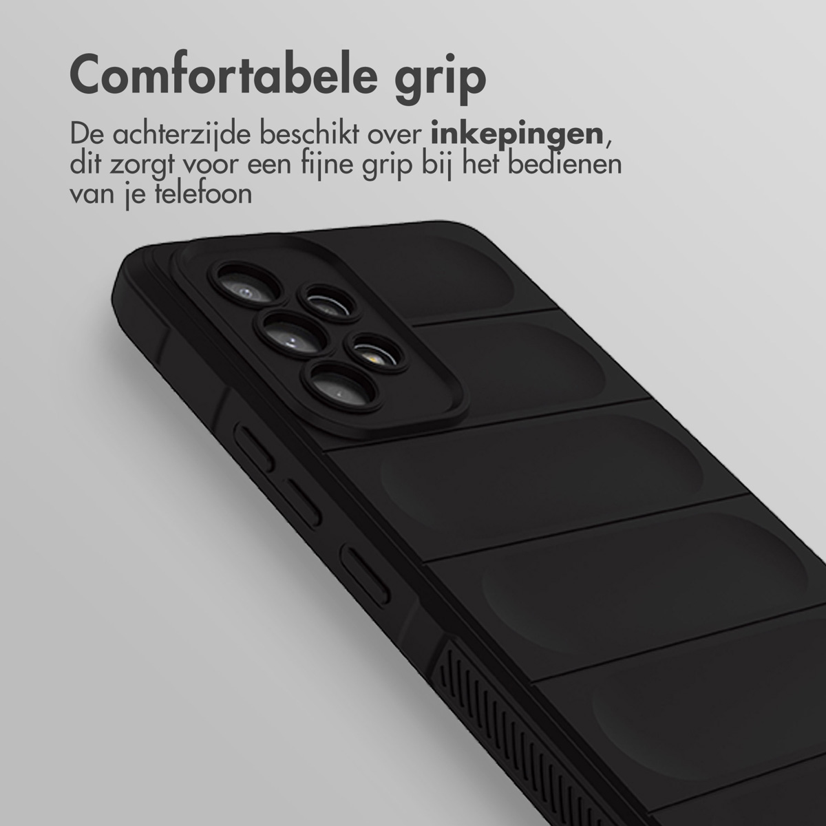 Gros plan d'une coque de téléphone noire. Texte : Prise en main confortable. Le dos a des rainures pour une prise en main fine.