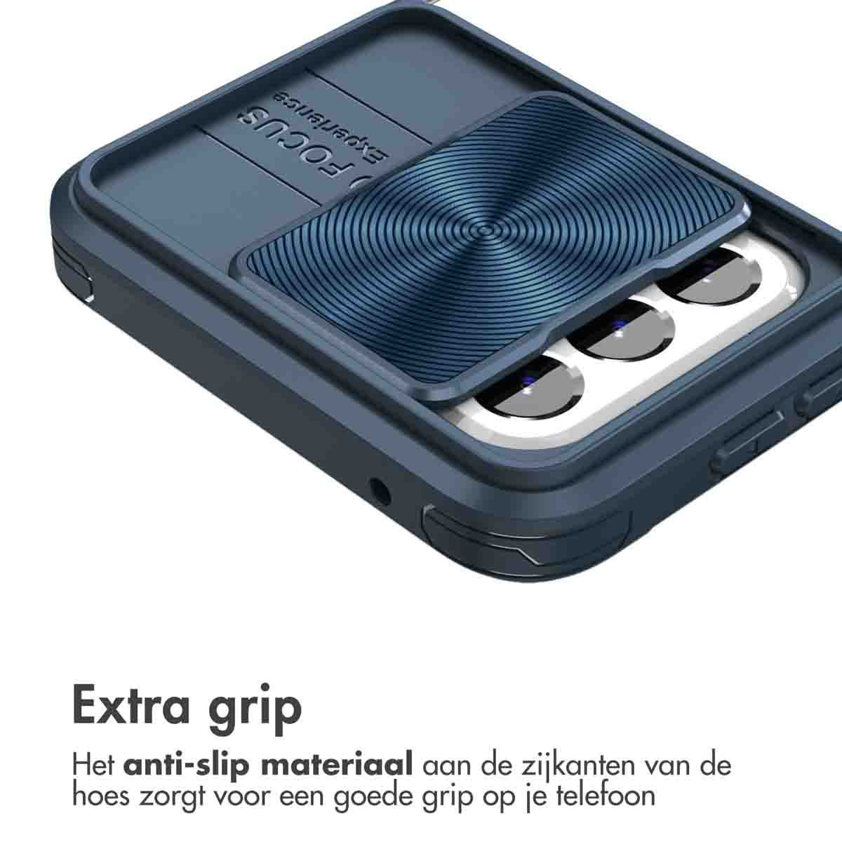 Close-up van een donkerblauwe telefoonhoes met een cameraschuif.