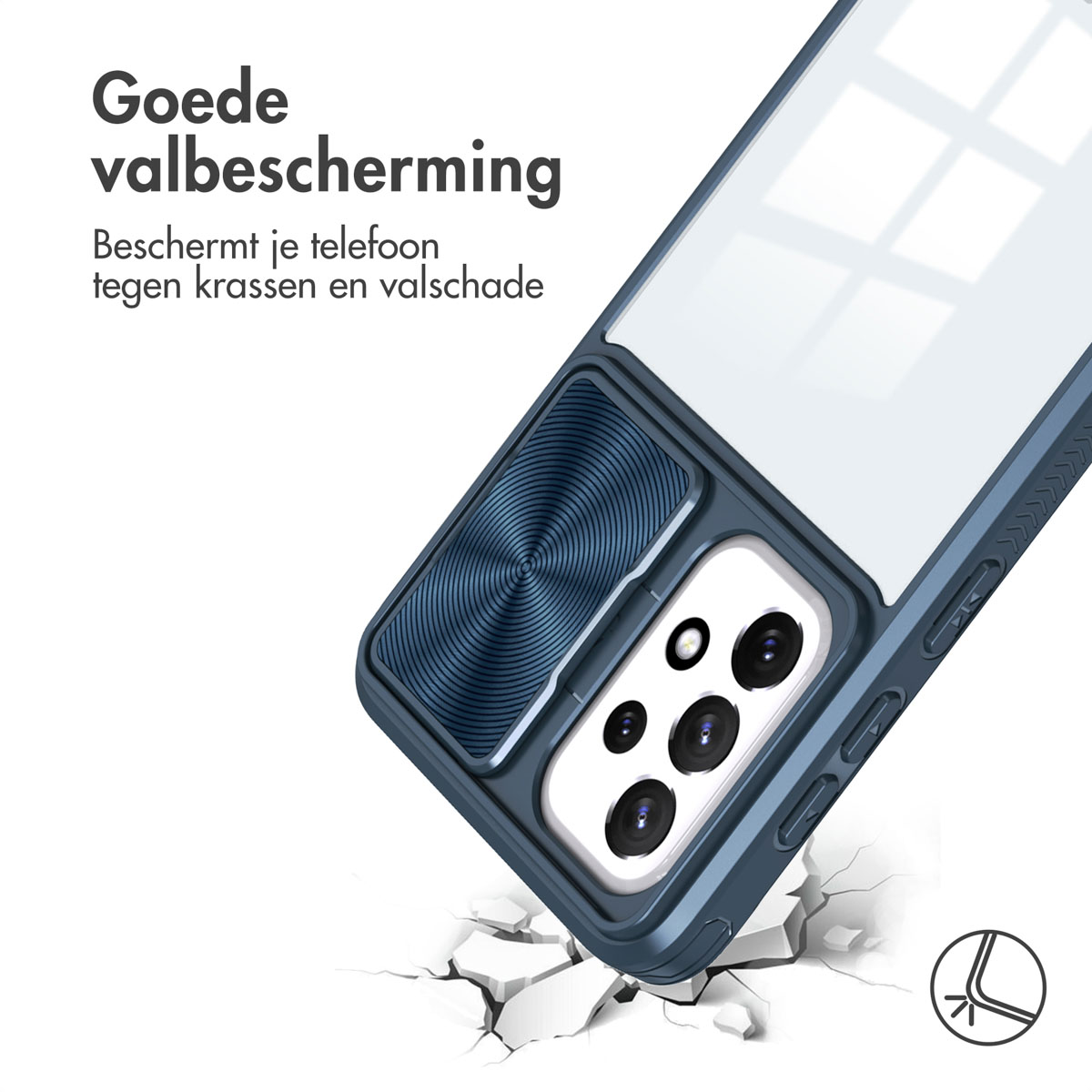 Donkerblauwe telefoonhoes met een doorzichtige achterkant, toont een telefoon. Tekst in het Nederlands.