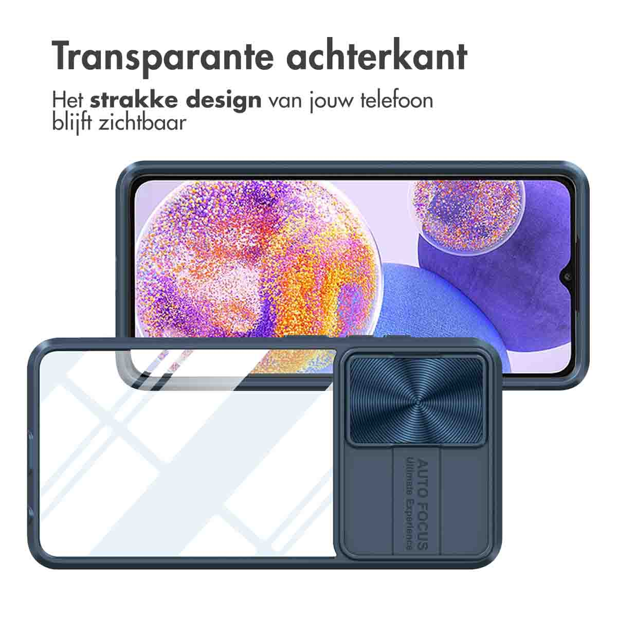 Telefoonhoesje met een transparante achterkant. De telefoon zit erin.