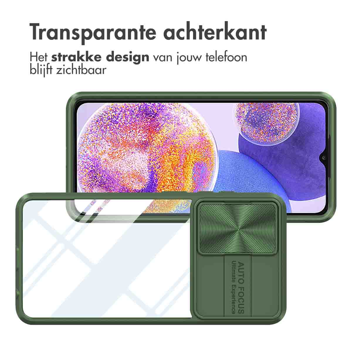 Coque verte avec dos transparent, montrant le téléphone avec cache caméra.