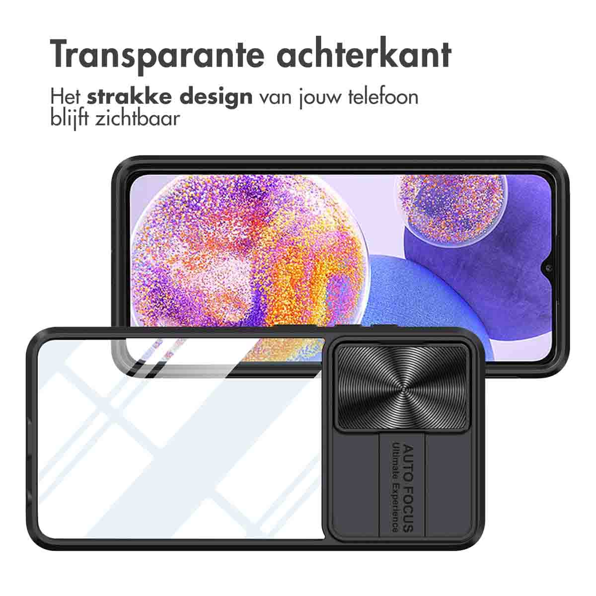 Coque de téléphone sur un téléphone. Le design du téléphone est visible. Texte: 'Dos transparent'.