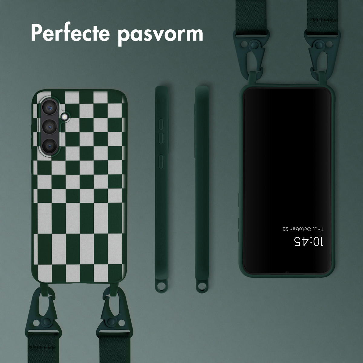 Telefoonhoesje met ruitpatroon en riem. Tekst: Perfecte pasvorm. Achtergrond: groen.