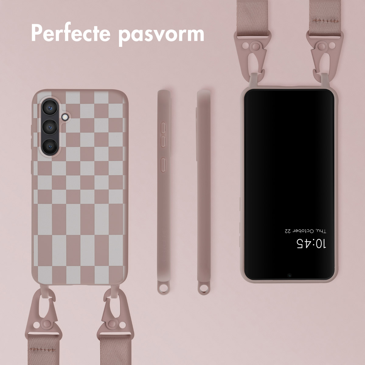 Een telefoon in een roze en wit geblokte hoes met een riem. De achtergrond is een roze verloop.