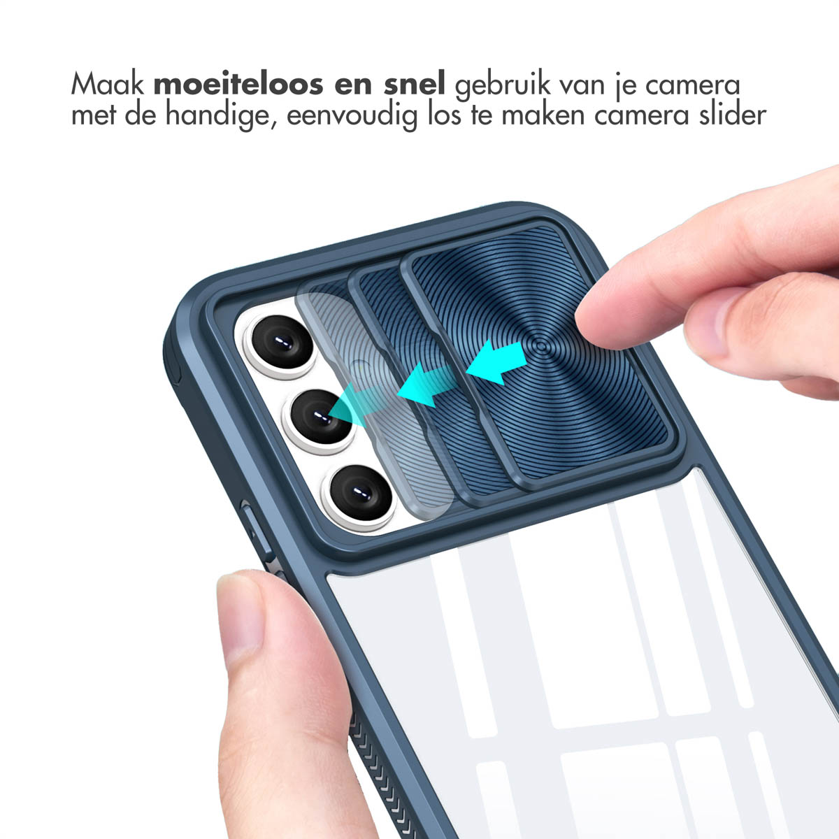 Hand schuift een cameraschuif op een telefoonhoes. Tekst: 'Maak gemakkelijk en snel gebruik van je camera'.