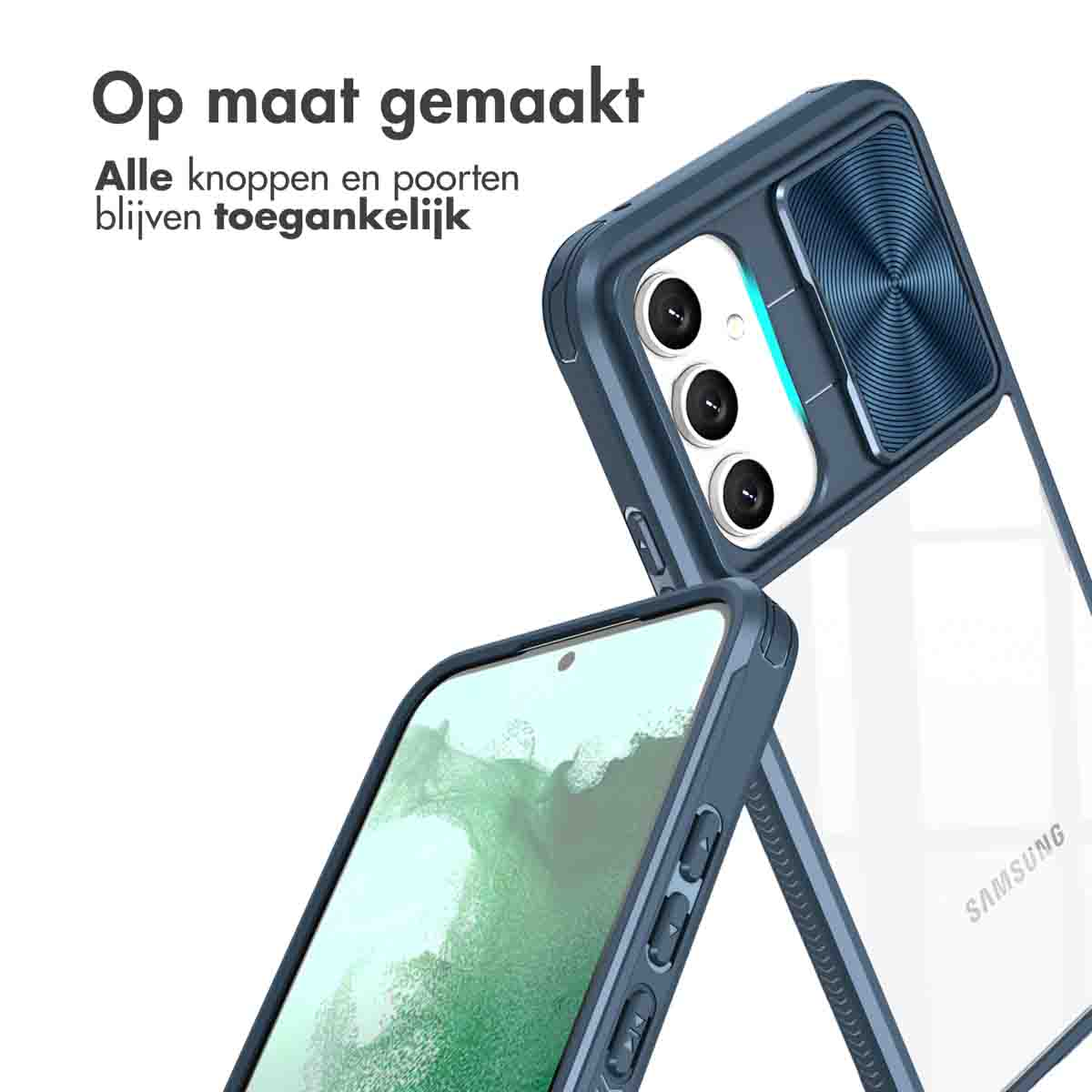 Twee telefoonhoesjes, een transparant, een blauw, worden getoond. Tekst zegt: 'Op maat gemaakt'. Focus op toegankelijkheid.
