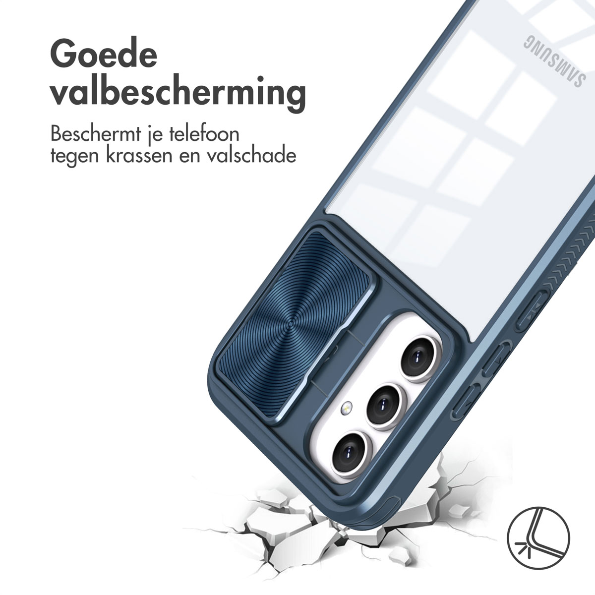Een telefoonhoes met een geïntegreerde camerabeschermer wordt getoond. De hoes is donkerblauw en beschermt tegen krassen en vallen.