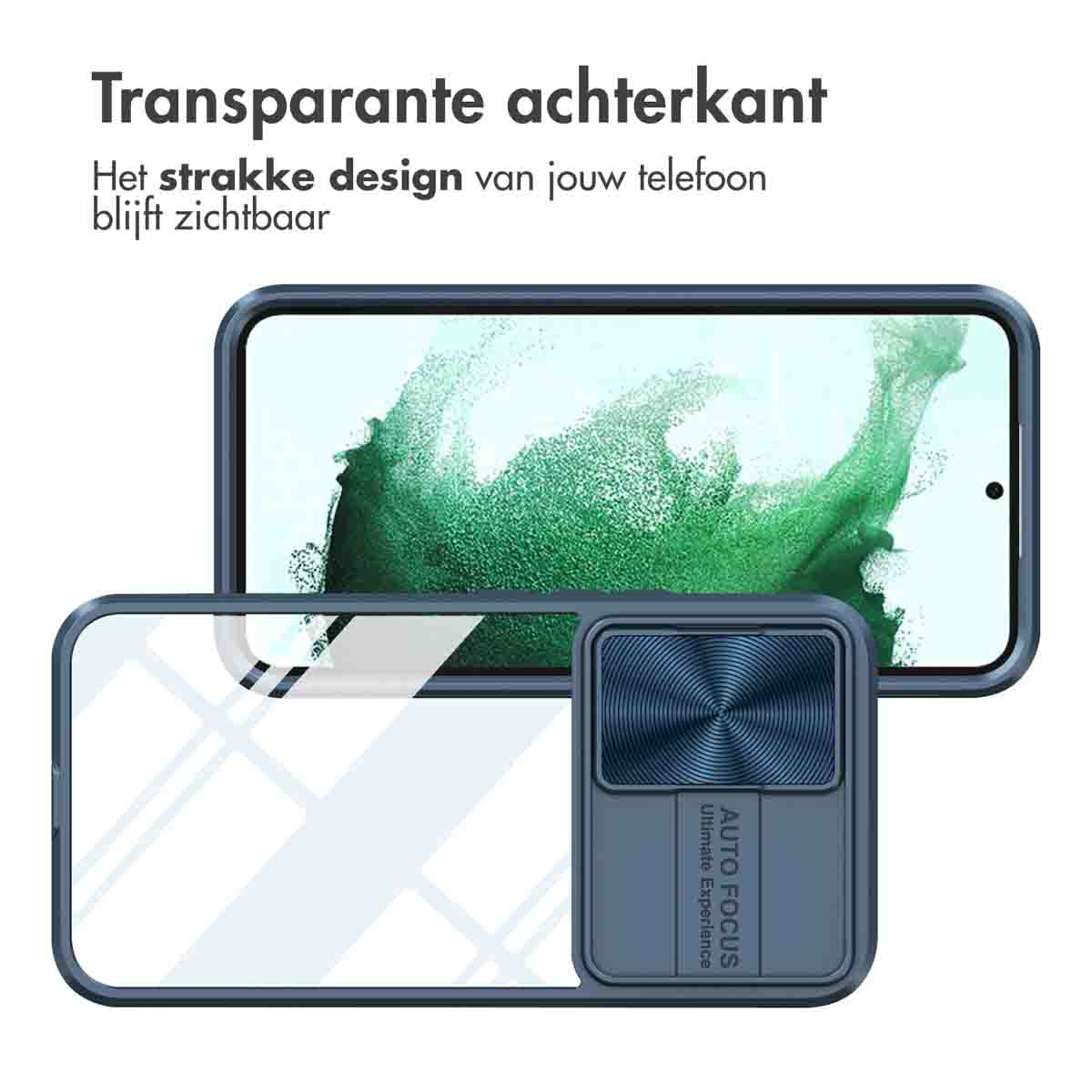 Blauwe telefoonhoes met een transparante achterkant, toont de telefoon en camera.