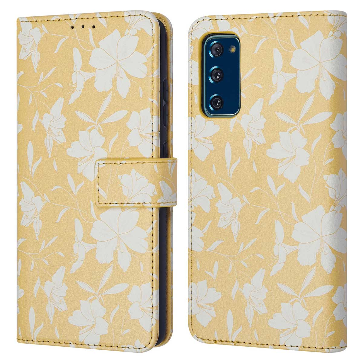 Coque de téléphone jaune avec motif floral. Vue fermée et ouverte. Fond blanc.