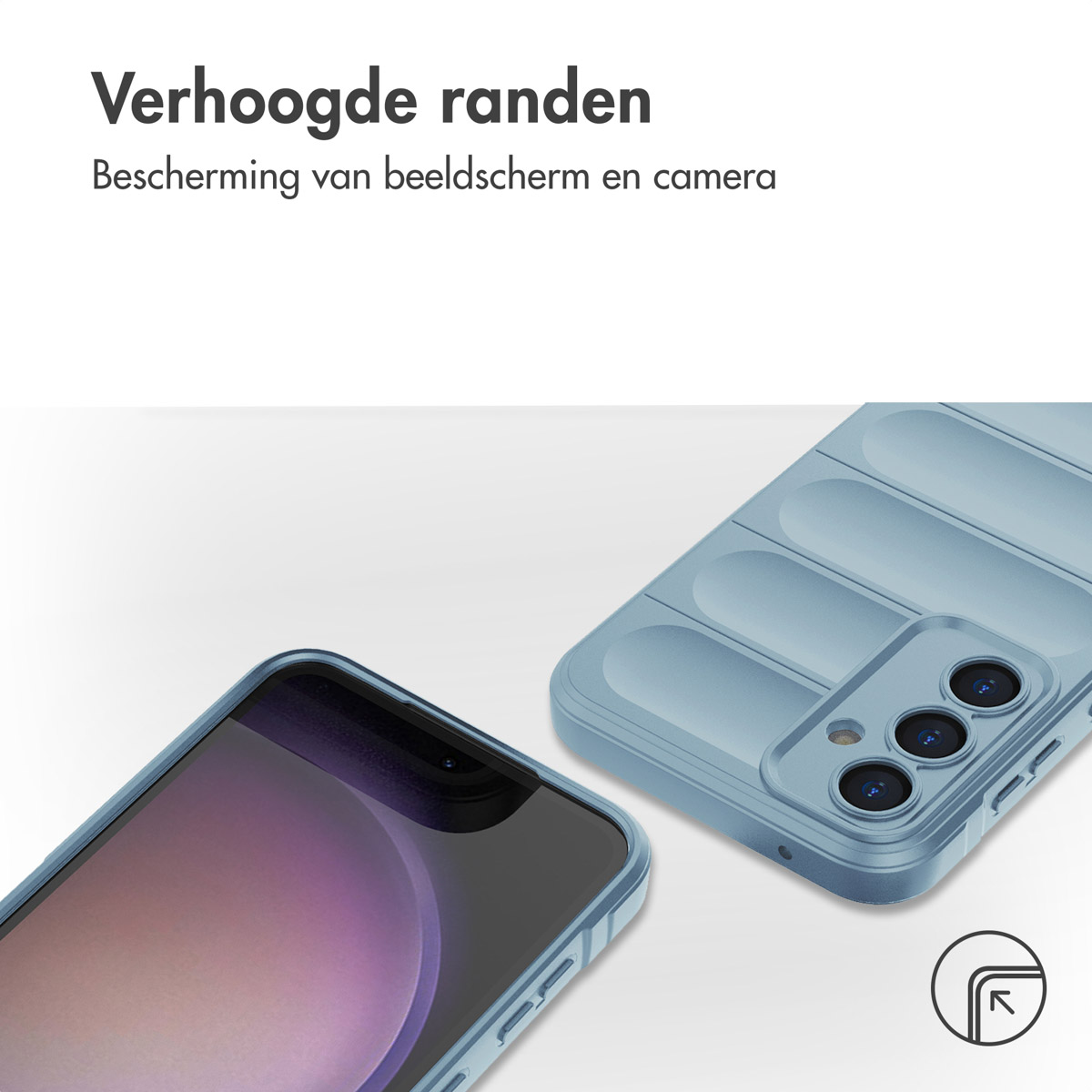 Un telefono blu in una custodia blu. La custodia è sopra un telefono. Lo sfondo è una sfumatura azzurra.