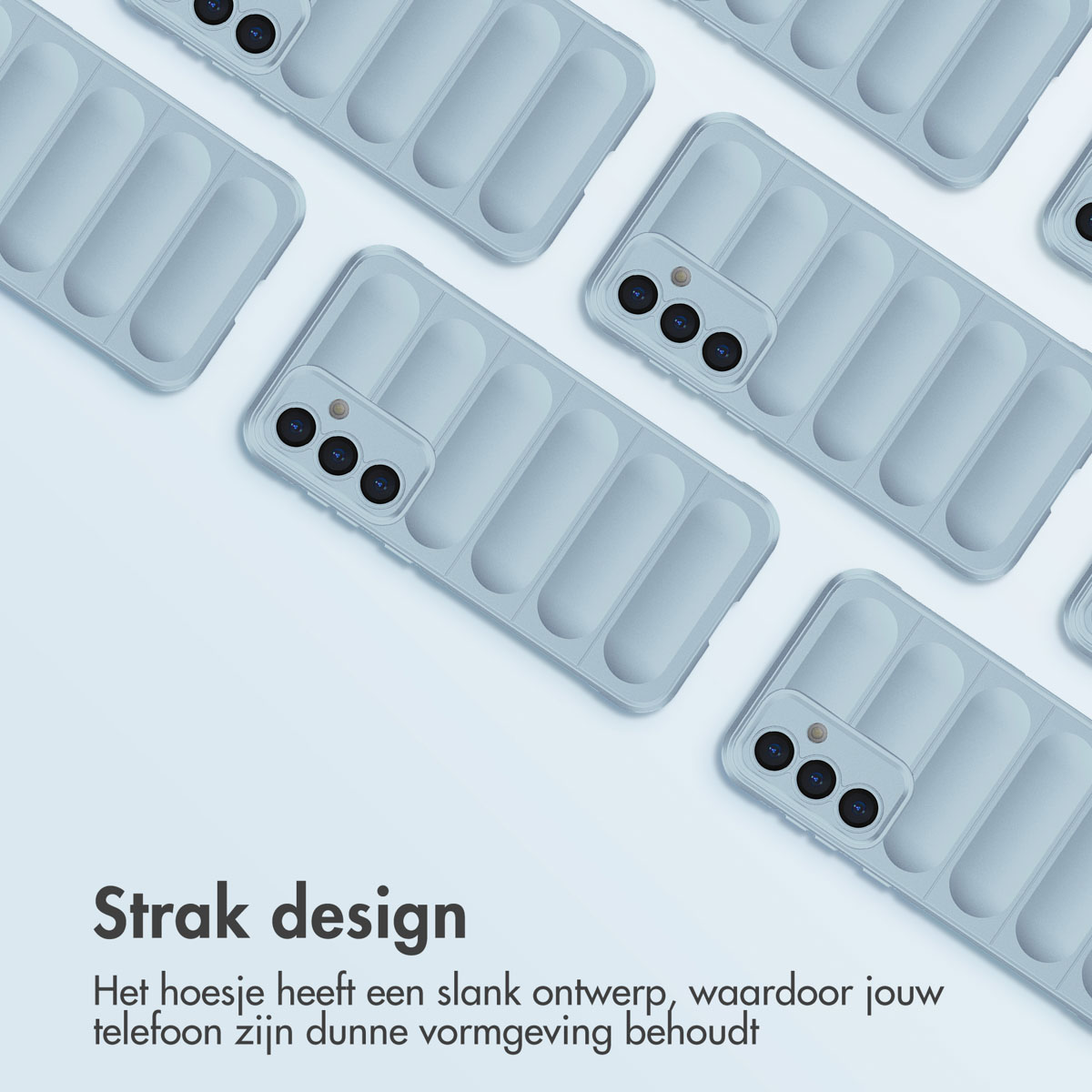 Custodie per telefono blu chiaro su superficie bianca. Ogni custodia ha fotocamere e un design elegante. Testo: "Strak design."