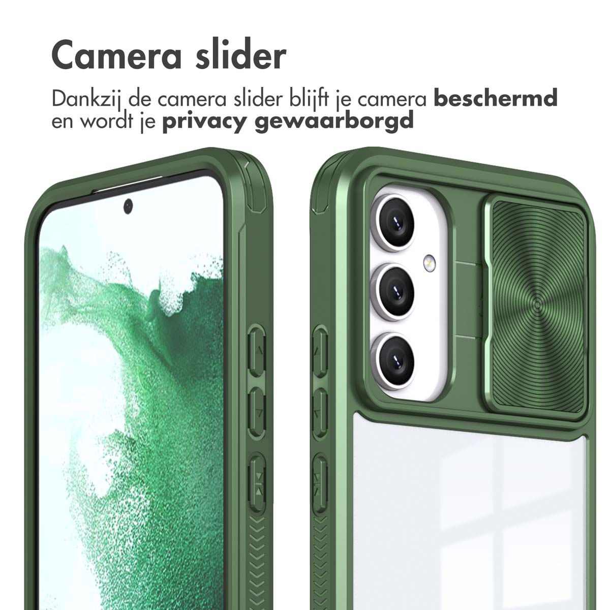 Coque de téléphone verte avec une fonction de curseur de caméra ; écran du téléphone visible.