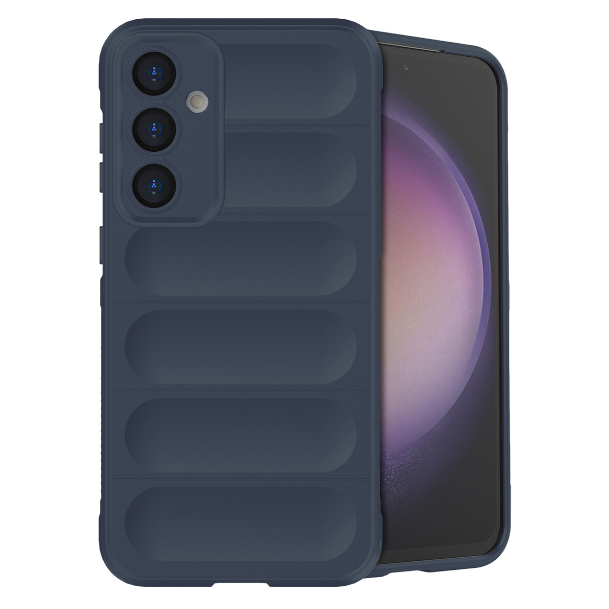 Custodia blu navy con telefono all'interno. La custodia è strutturata.