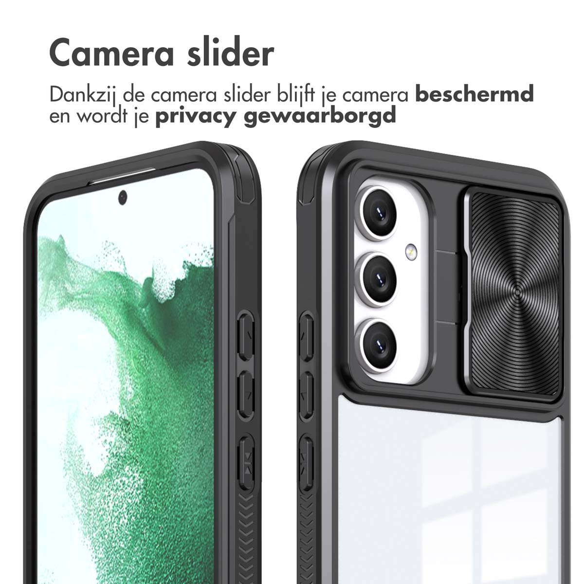 Twee telefoons in hoesjes. Eén toont het scherm, de andere de achterkant. De achtergrond is wit.