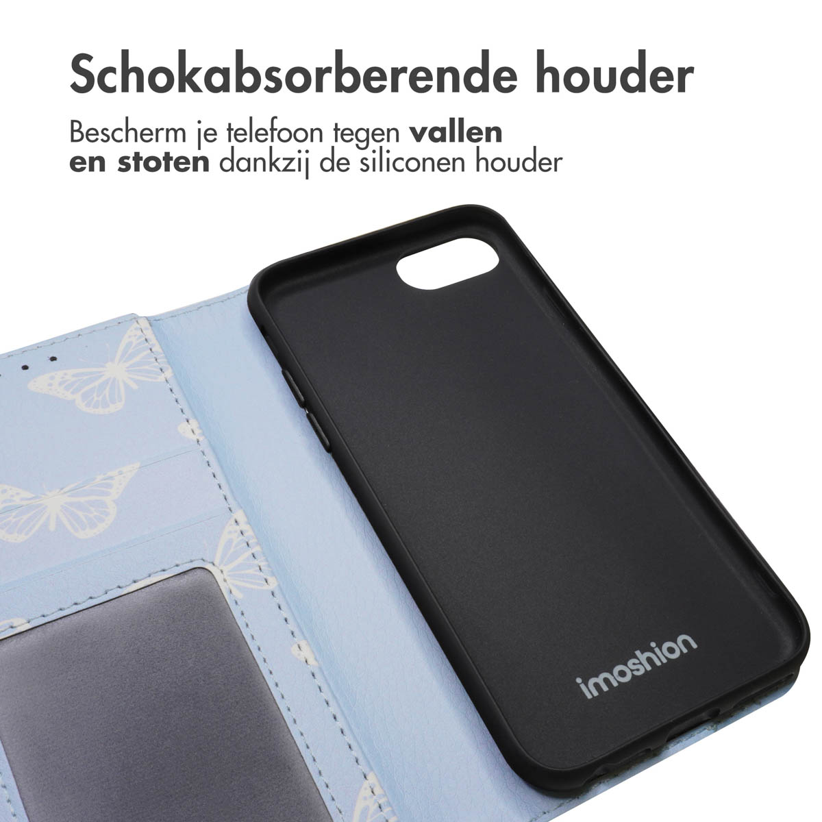 Zwart telefoonhoesje met vlinderontwerp, open om de telefoon met blauw interieur te laten zien.