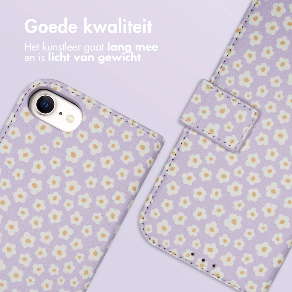 Paarse telefoonhoes met bloemenpatroon. Telefoon is links. Tekst: Goede kwaliteit, kunstleer gaat lang mee.