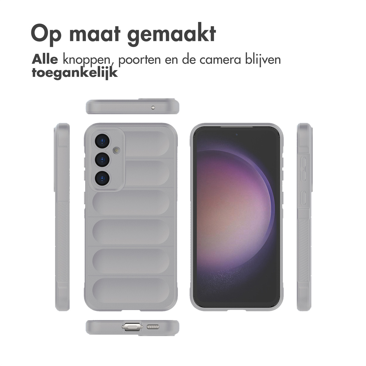 Una custodia per telefono grigio chiaro è mostrata in più viste. La custodia circonda un telefono con schermo viola e bianco. Testo in alto.