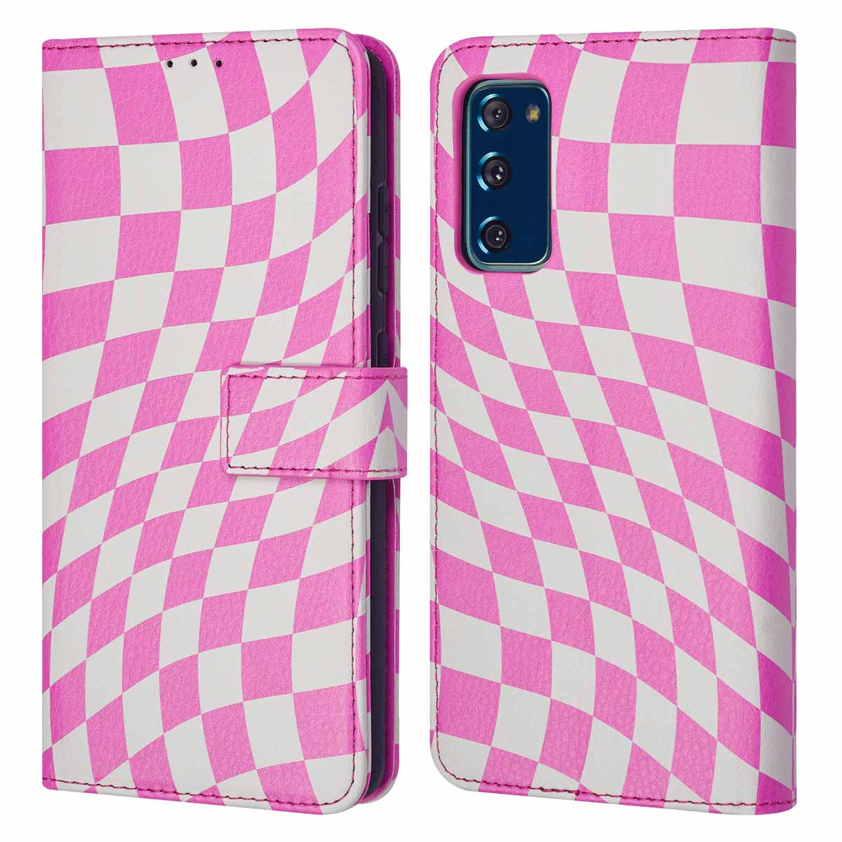 Un étui de téléphone à carreaux roses et blancs est montré. L'étui est ouvert et possède une sangle rose.