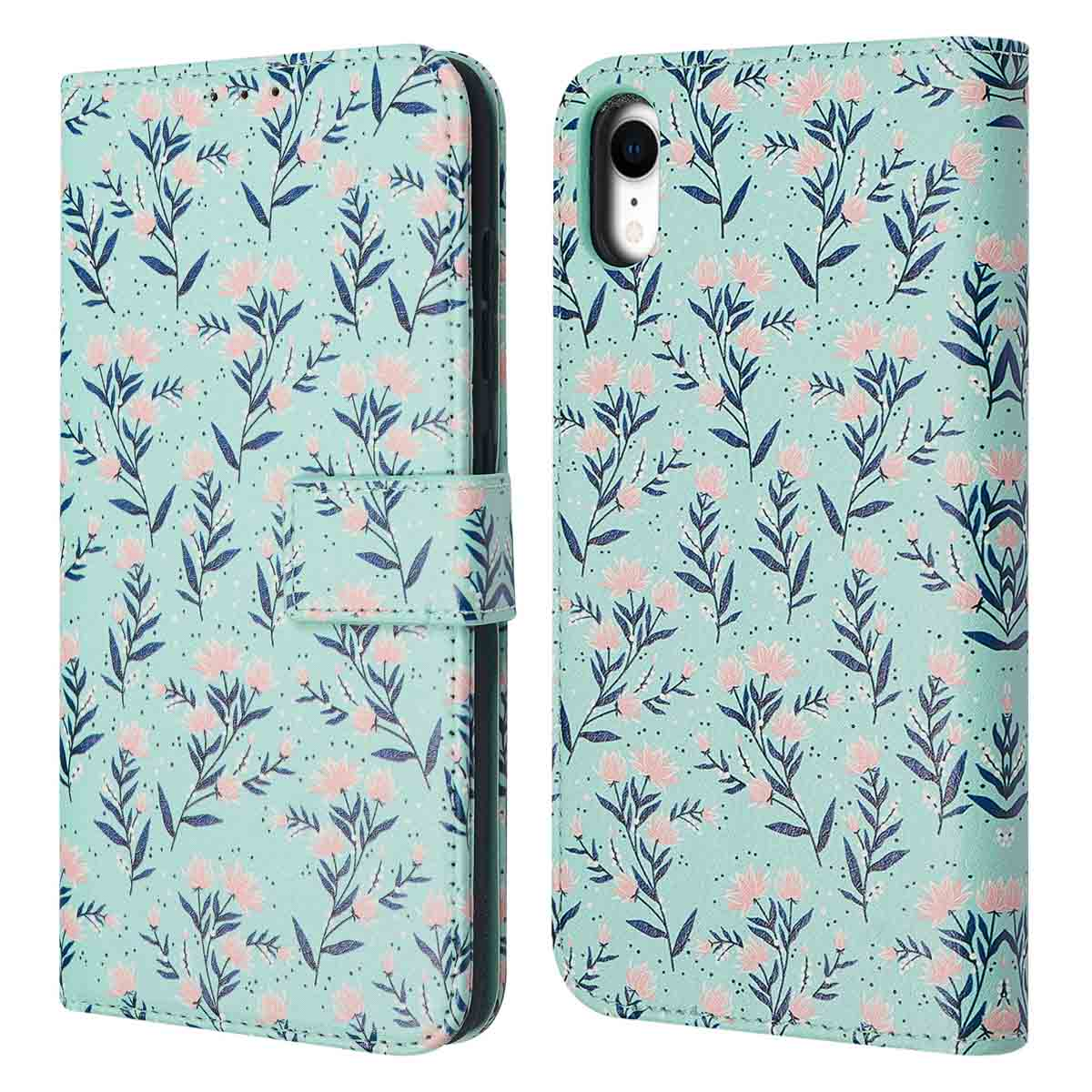 Coque de téléphone avec motif floral en bleu clair et rose.