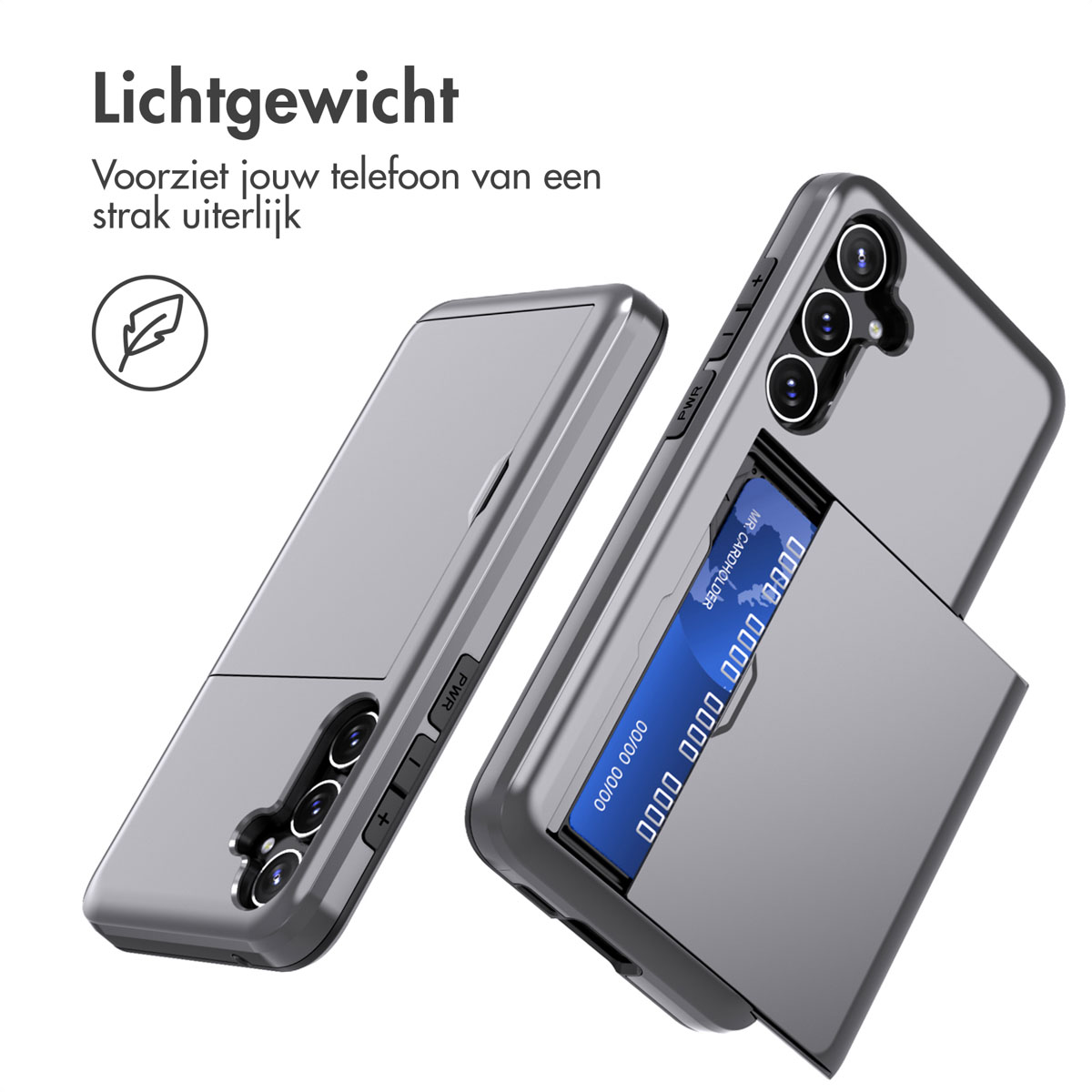 Een zilveren telefoonhoes met een kaarthouder beschermt een telefoon en toont een creditcard. De hoes is lichtgewicht.