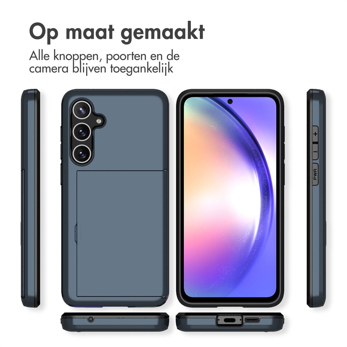 Telefoon in een marineblauwe hoes. Alle knoppen en poorten blijven toegankelijk. Tekst: 'Op maat gemaakt'.