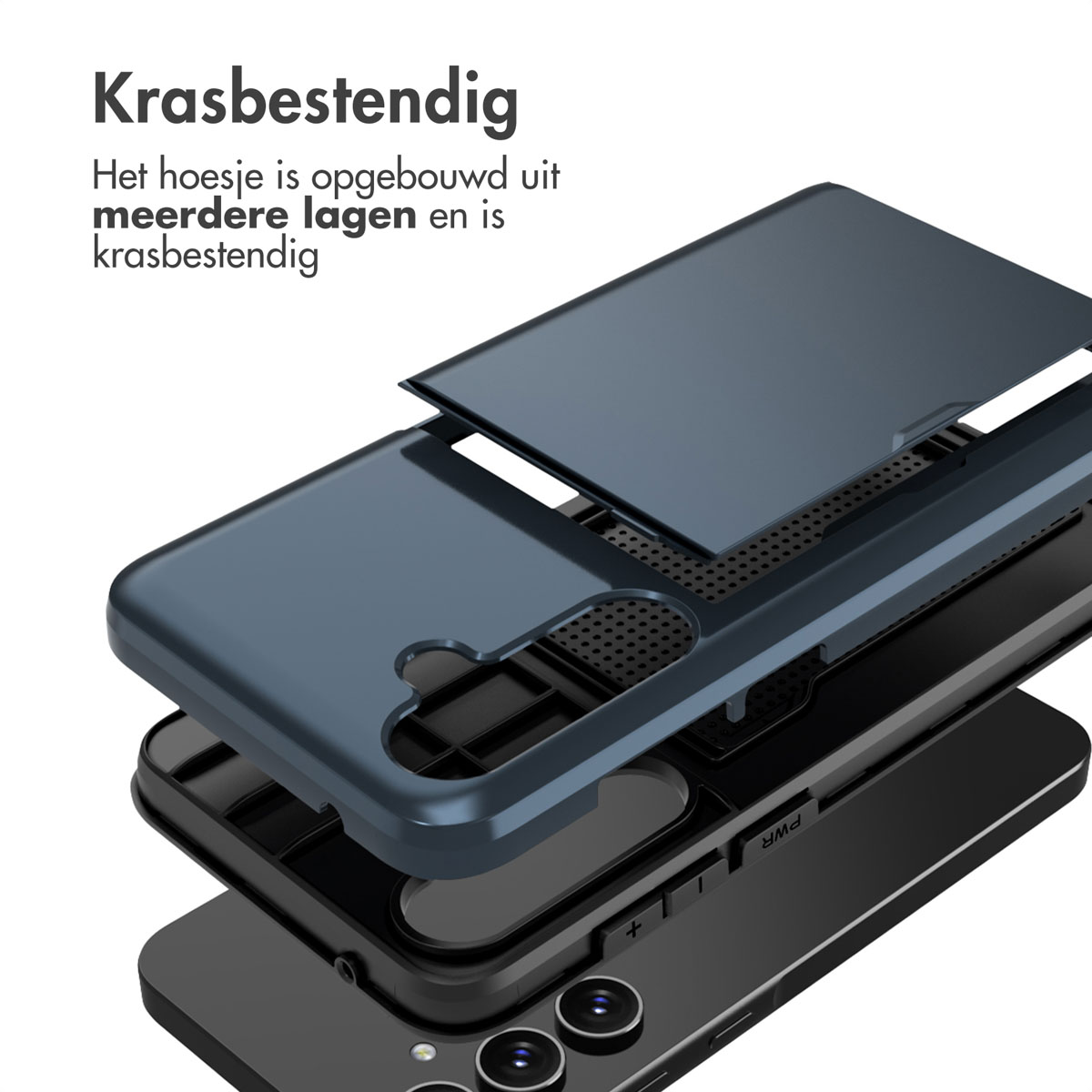 Telefoonhoeslagen. Blauwe, grijze, zwarte lagen. Witte achtergrond. Tekst onderaan.