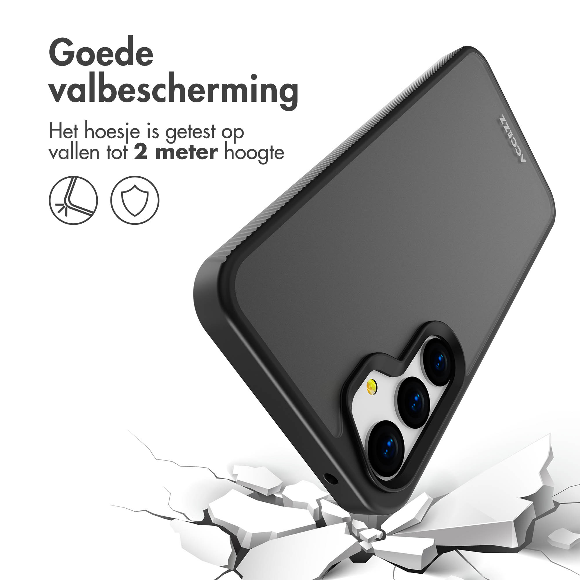 Zwarte telefoonhoes valt. Hoesje breekt op een oppervlak.